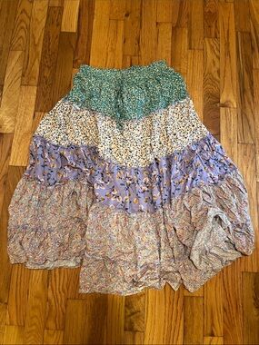 easel Multi-Print Tiered Maxi Skirt in Lavender, Green & Cream